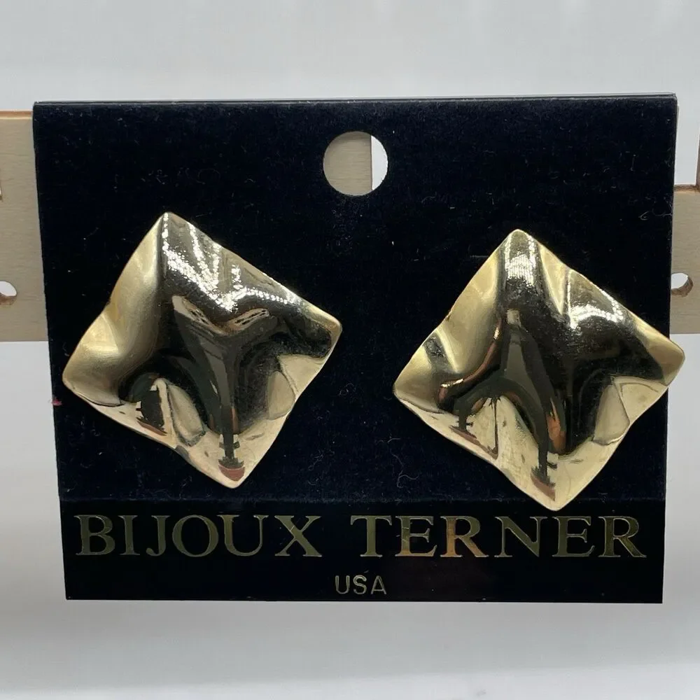 Vintage Bijoux Terner Gold Tone Abstract Square Stud Post Setting Earrings Bold